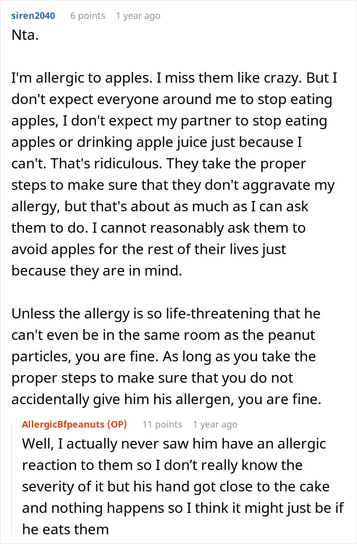 Screenshot of a Reddit conversation about a man upset his girlfriend bought a peanut butter cake for work.