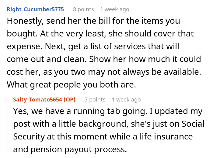 Comments discussing a running tab for cleaning services after a sewage disaster left a couple shoveling a smelly mess at home.