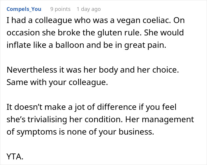 Text comment discussing a colleague with gluten intolerance and the importance of respecting their gluten-free choices at work. Text comment discussing a colleague with gluten intolerance and the importance of respecting their gluten-free choices at work.