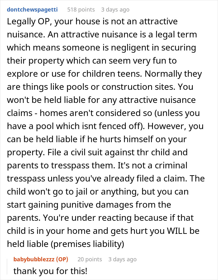 Comment discussing legal liability when a woman catches neighbor&rsquo;s son in her home and parents&rsquo; casual reaction.