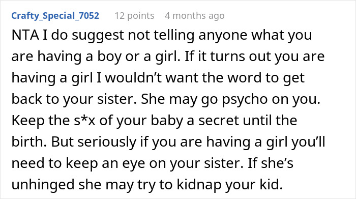 Comment warning about keeping a baby’s gender secret due to sister’s obsession with knowing if it’s a girl. - 32