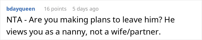 Screenshot of an online comment where a user discusses a wife leaving her man-child husband during a family vacation.