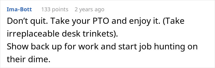 Screenshot of a comment advising to take PTO, keep desk items, return to work, and job hunt on employer&rsquo;s time.