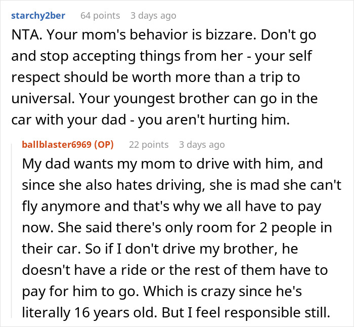 Reddit conversation about woman refusing Christmas gift trip if siblings pay for her flight or driving arrangements.