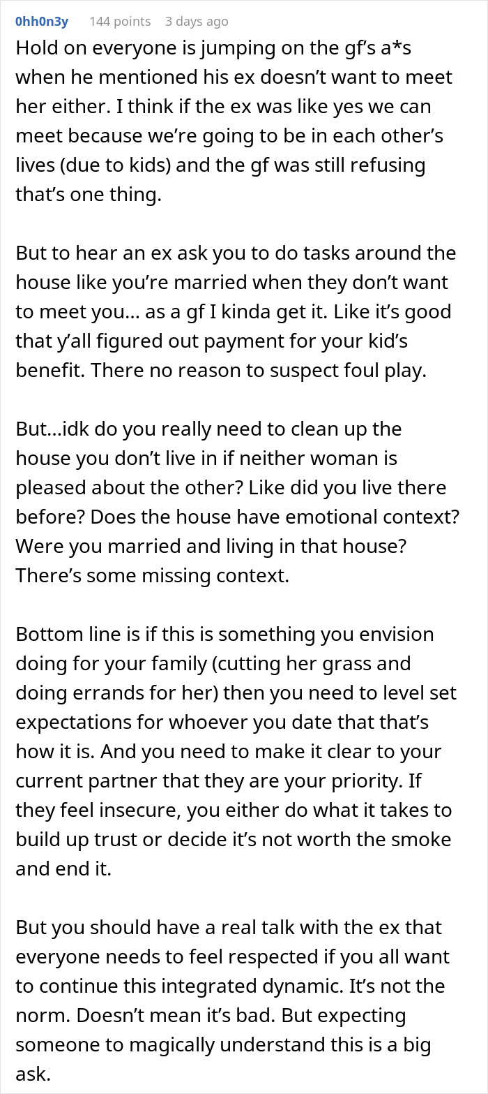 Reddit user commenting on a couple's conflict about mowing the ex’s lawn and relationship trust issues. Reddit user commenting on a couple's conflict about mowing the ex’s lawn and relationship trust issues.