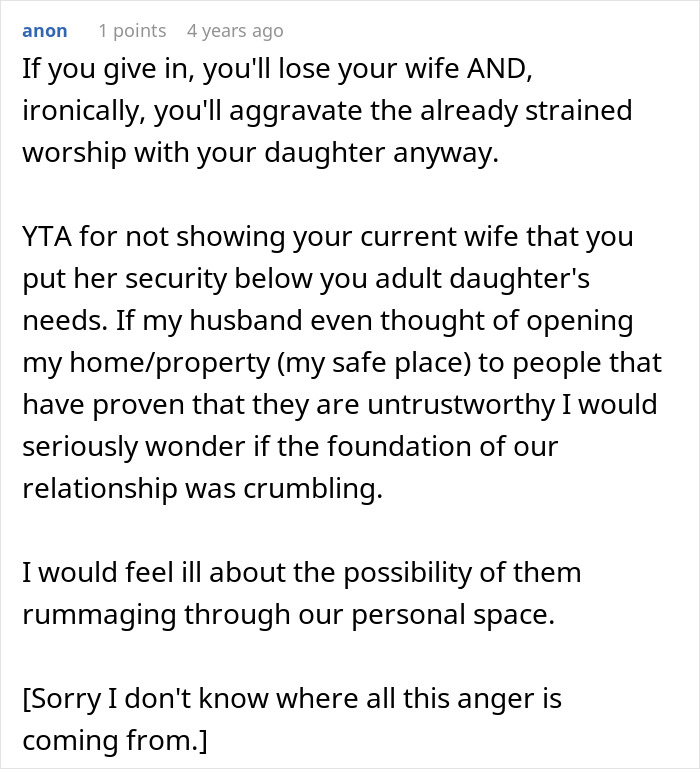 Text comment discussing a man ruining relationship with daughter by refusing to let her get married in his yard, causing family conflict.