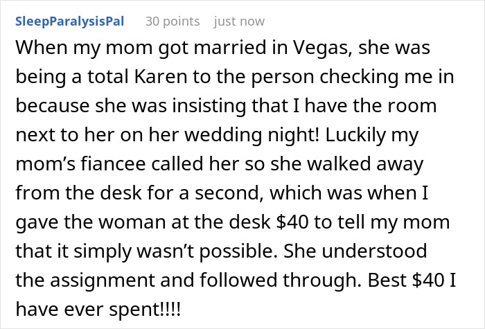 Bride’s mom insists on staying next door to the honeymoon suite, making the wedding night awkward and uncomfortable. Bride’s mom insists on staying next door to the honeymoon suite, making the wedding night awkward and uncomfortable.