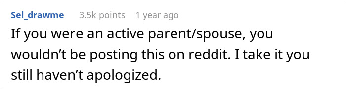 Reddit comment challenging active parents or spouses, questioning apology and posting behavior in discussion.