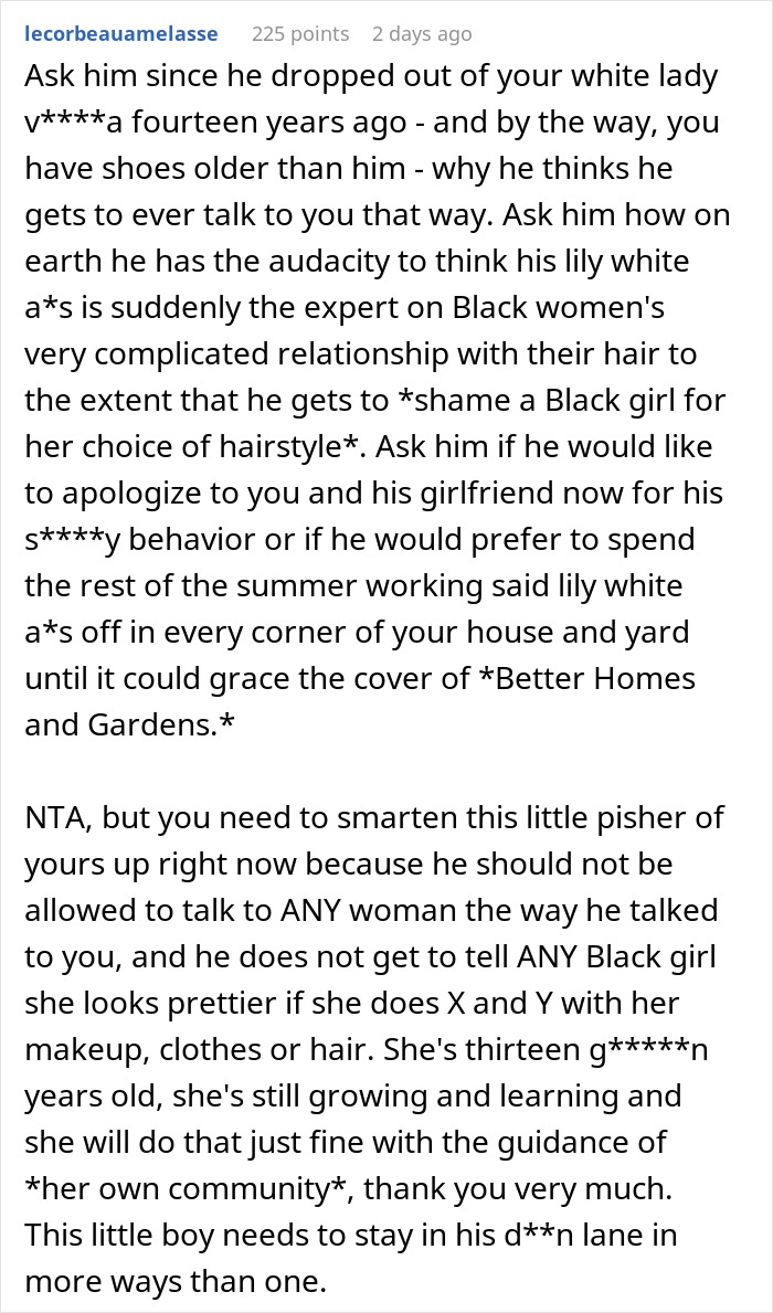 Screenshot of a detailed Reddit comment discussing a 14-year-old boy's behavior towards his Black girlfriend and related family issues.