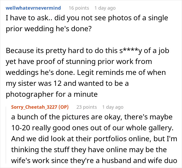Reddit user criticizes $3K wedding photographer&rsquo;s work, suggesting dog with GoPro could take better photos.