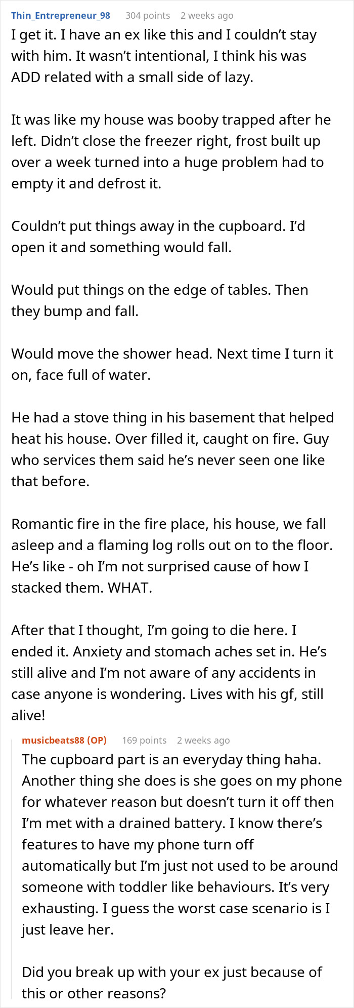 Screenshot of a Reddit conversation about a guy at his breaking point with a clumsy girlfriend destroying his belongings.