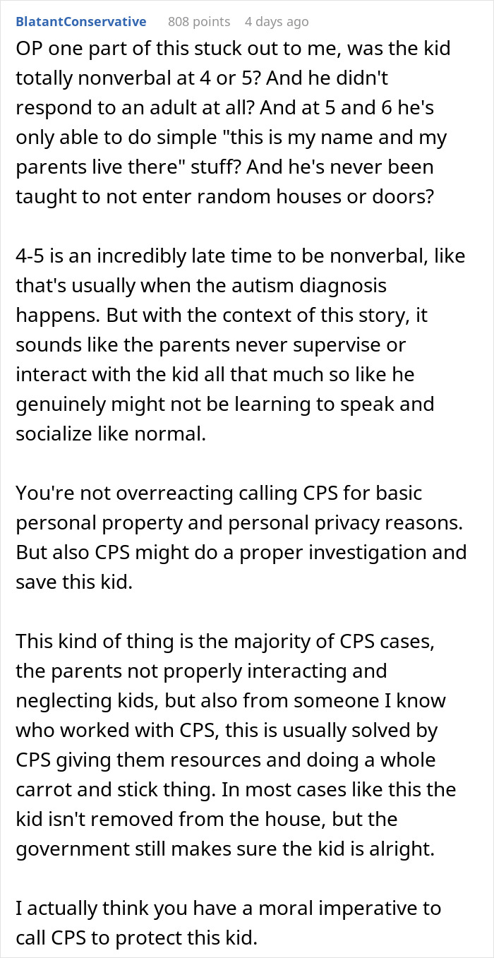 Comment discussing concerns about a child caught in a neighbor&rsquo;s home and the parents&rsquo; casual reaction.