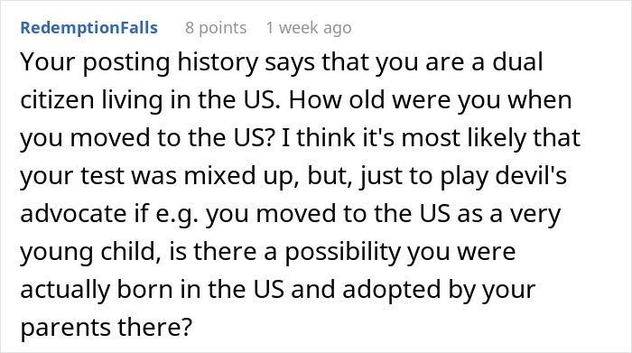 Commenter questions dual citizen's DNA test being mixed up, suggesting adoption or young move to the US as possibility.