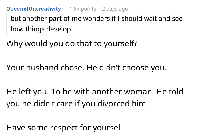 Text message conversation about a woman questioning her marriage after husband leaves to care for his terminally ill ex-wife.