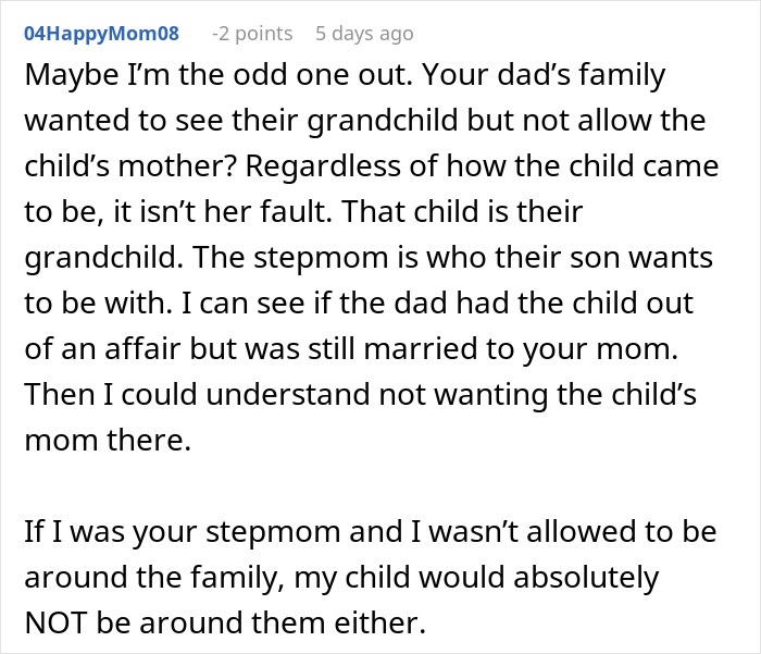 Comment discussing a woman explaining the family dynamics involving her dad&rsquo;s affair baby and grandparents&rsquo; relationship.