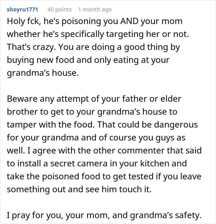 Comment discussing a man getting sick from food his dad touched and concerns about possible tampering and poisoning.