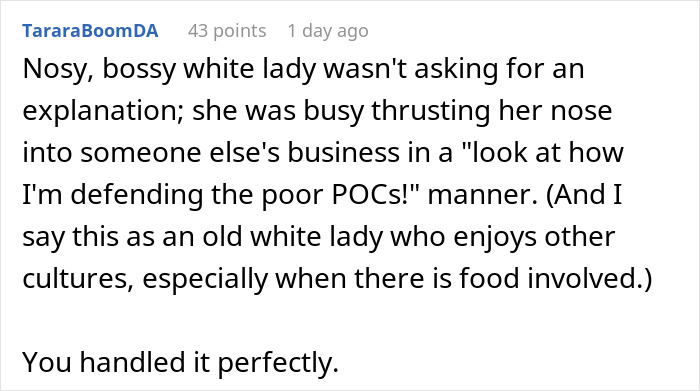 Comment discussing a white lady accusing cultural appropriation after a friend swaps traditional attire.
