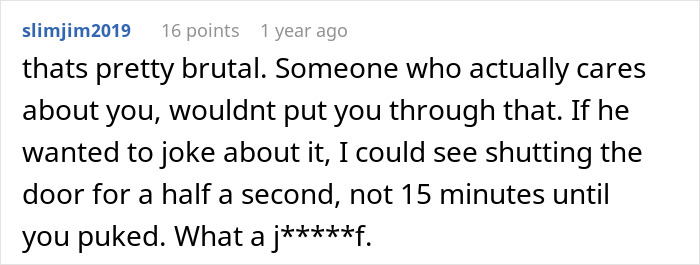 Comment expressing anger over a husband&rsquo;s prank causing a claustrophobic woman to become upset and puke.