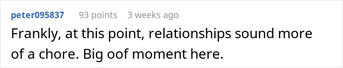 Text post showing a Reddit comment about relationships feeling like a chore, related to girlfriend got massive tattoo.