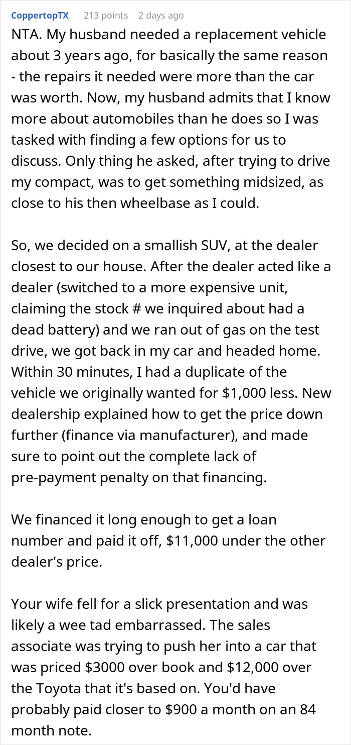 Screenshot of a Reddit comment discussing a husband not giving wife a chance to show him the car she wants at dealership.
