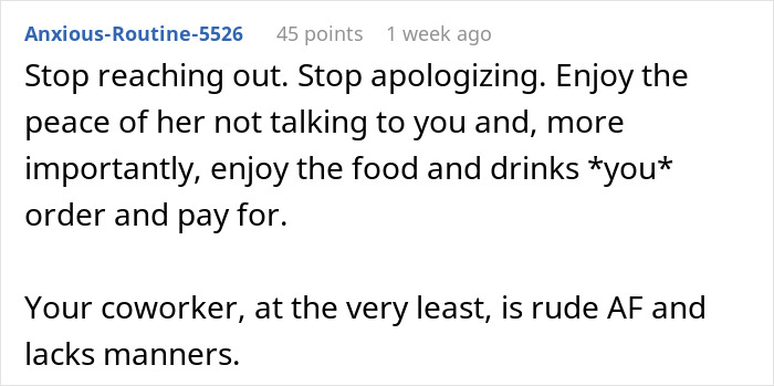 Screenshot of a comment about a woman fed up with her coworker helping herself to her food without manners.