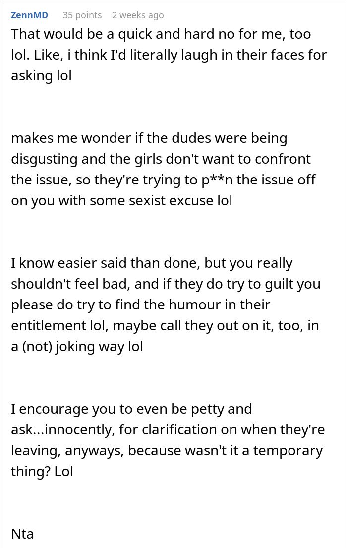 Comment discussing a nonbinary person refusing roommates’ boyfriends to use the private bathroom in their room. Comment discussing a nonbinary person refusing roommates’ boyfriends to use the private bathroom in their room.
