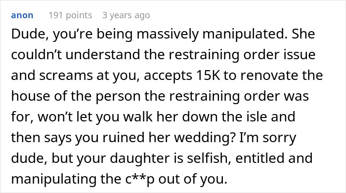 Comment discussing how a man&rsquo;s refusal to allow a wedding in his yard causes conflict with his daughter and damages their relationship.