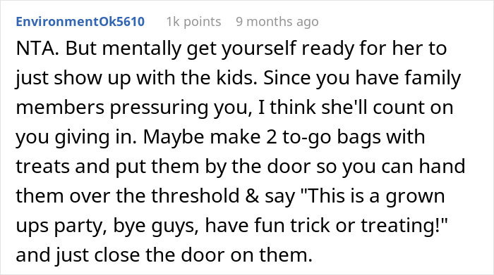 Screenshot of a Reddit comment advising how to handle refusing to leave kids at home for Halloween babysitter issue. - 17