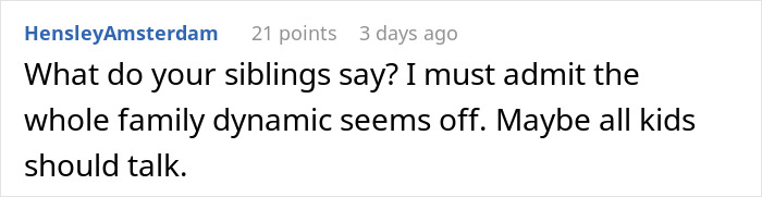 Comment discussing family dynamics and sibling conversations related to woman refusing to go on Christmas gift trip if siblings pay for her flight.