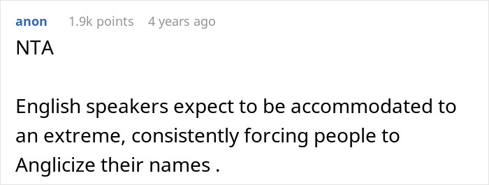 Screenshot of a forum comment about a man refusing to change his surname for American coworkers and name Anglicization issues. - 22