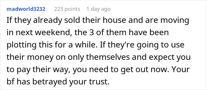 Comment discussing a man secretly inviting his parents to stay with him and his girlfriend, causing relationship tension.