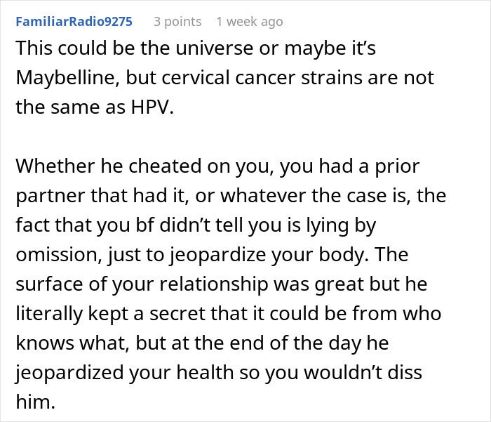 Comment discussing resentment and health risks after contracting HPV from boyfriend leading to cancer diagnosis.
