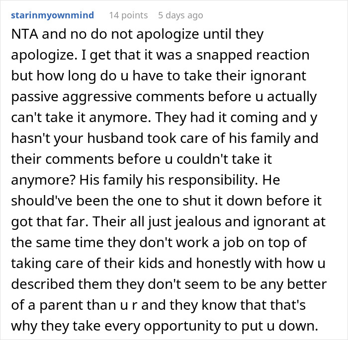 Comment from a working mom defending herself against in-laws who criticize her for using once-a-week daycare. - 49