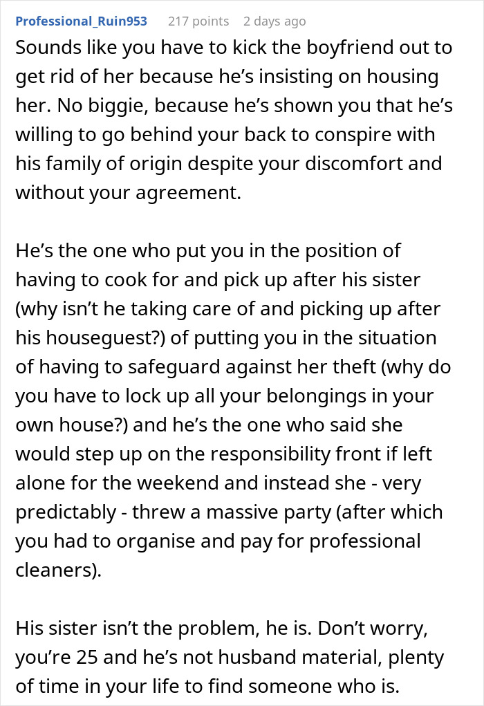 Reddit comment discussing issues with a temporary houseguest causing unpaid bills and cleaning up after parties. Reddit comment discussing issues with a temporary houseguest causing unpaid bills and cleaning up after parties.