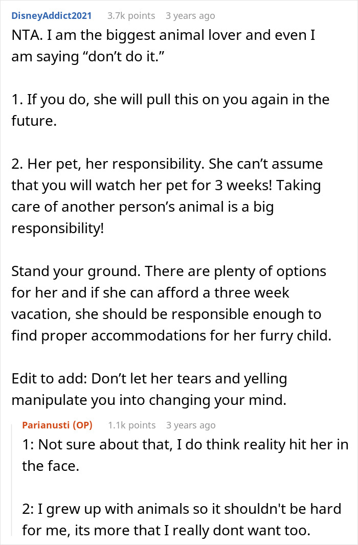 Discussion about a lady planning family vacation and dumping cat litter duties on roommate who refuses to comply.