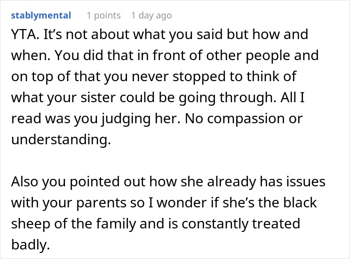 Text comment discussing a woman blaming sexism for job rejection, with a sister giving a harsh reality check.