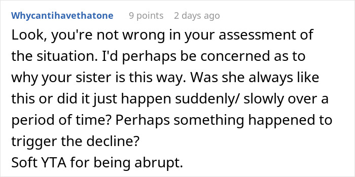 Reddit comment discussing a woman blaming sexism for job rejection and receiving a reality check from her sister.