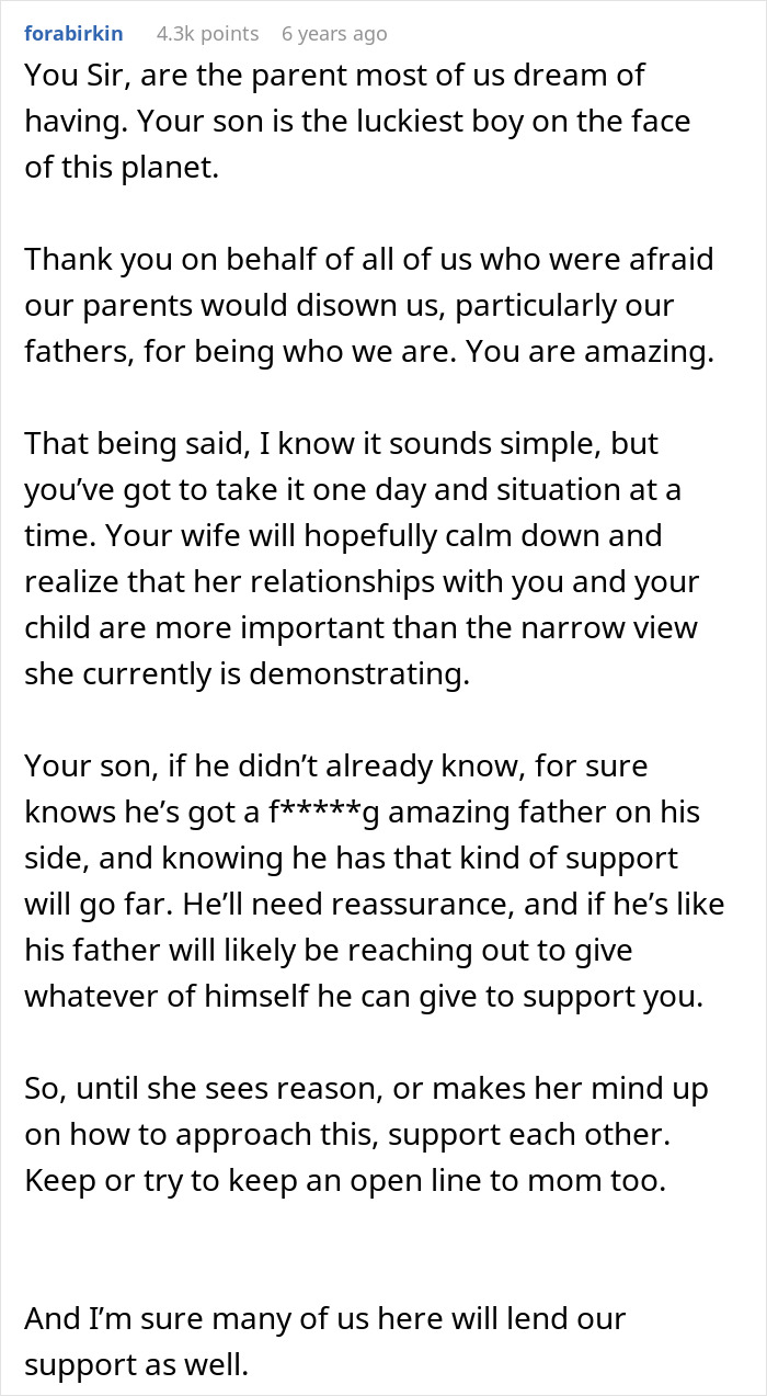 Comment expressing support for a dad standing by his gay son despite family conflict and rejection.