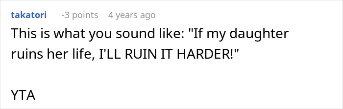 Screenshot of an online comment criticizing parents for ruining a relationship with their daughter over forbidding a baby.