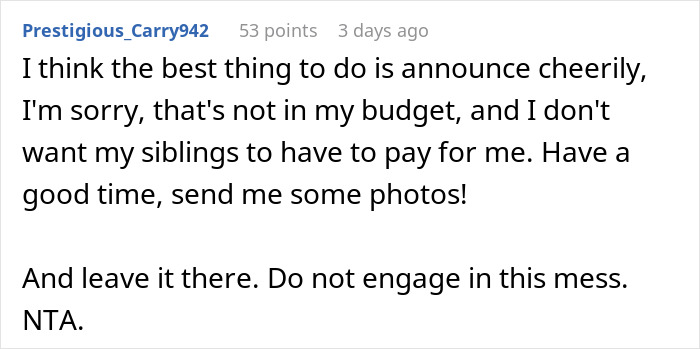 Screenshot of an online comment about a woman refusing a Christmas gift trip if siblings pay for her flight.