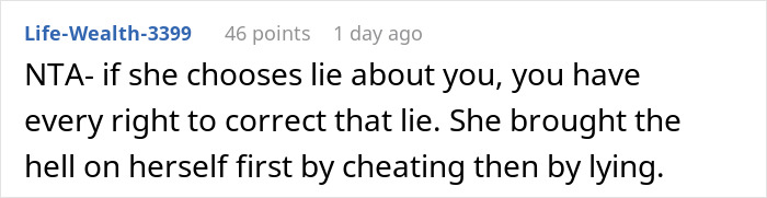 Comment on Reddit discussing a man accused by in-laws of divorcing their daughter because of her weight, revealing the true reason.