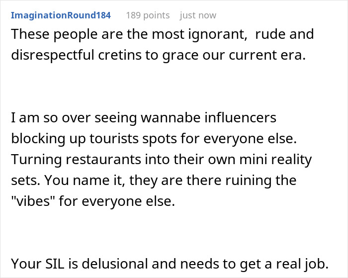 Self-proclaimed influencer filming sister-in-law at birthday dinner, upset when sister-in-law blocks the camera.