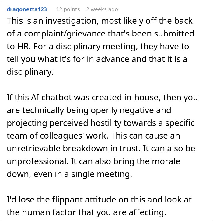 Comment explaining worker disciplined due to negative remarks about in-house AI chatbot and impact on team trust and morale.