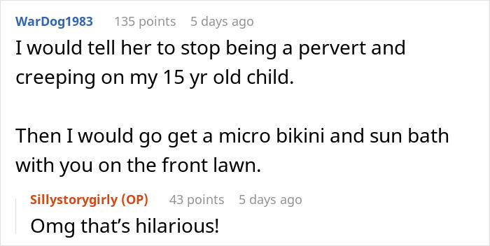 Comment discussing wearing a micro bikini and sunbathing on the front lawn, referencing wearing bikini own yard.