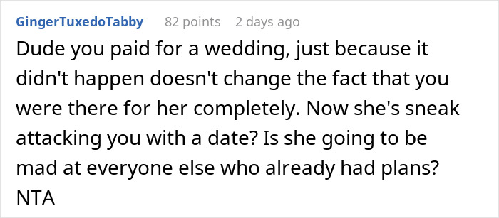 Comment discussing a man shelling out money for his daughter&rsquo;s failed wedding and dealing with unexpected plans afterward.