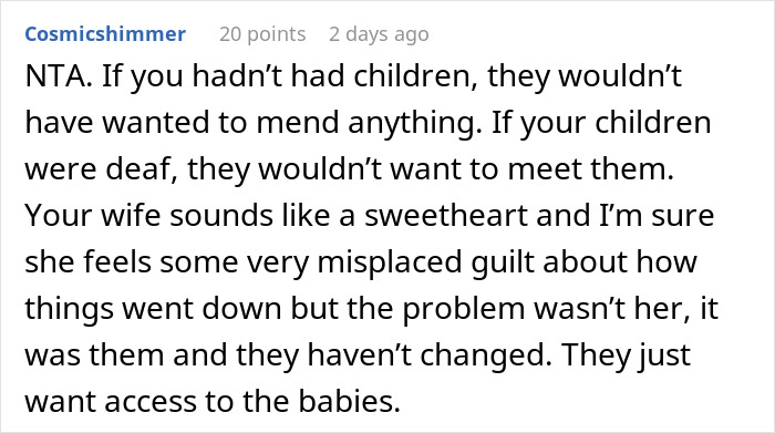 Screenshot of an online comment defending a man who cut off his parents, with confusion about reconnecting suggested by his wife.