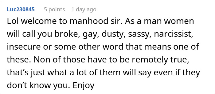 Screenshot of a Reddit comment discussing men being called broke and other insults by women during manhood challenges.