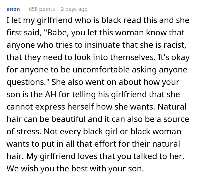 Comment discussing 14YO&rsquo;s reaction to mom suggesting his black girlfriend dress more comfortably after confiding in her.