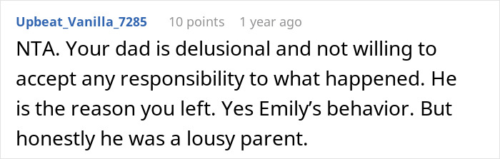Comment on family fallout, discussing reasons one person ran away due to half-sister’s impact and parental responsibility. Comment on family fallout, discussing reasons one person ran away due to half-sister’s impact and parental responsibility.