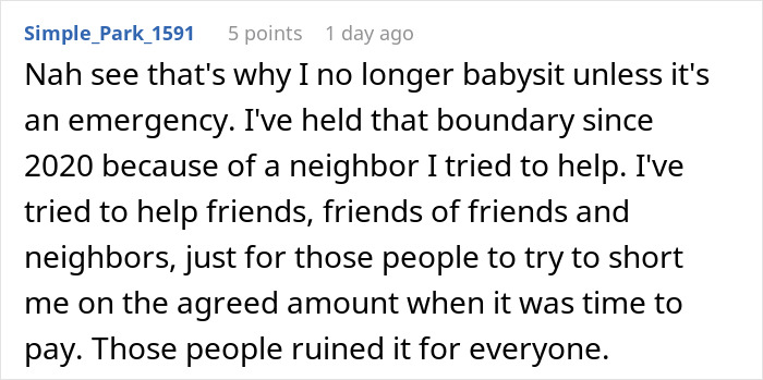 Text post about someone refusing to babysit without fair pay due to past experience with unfair treatment.
